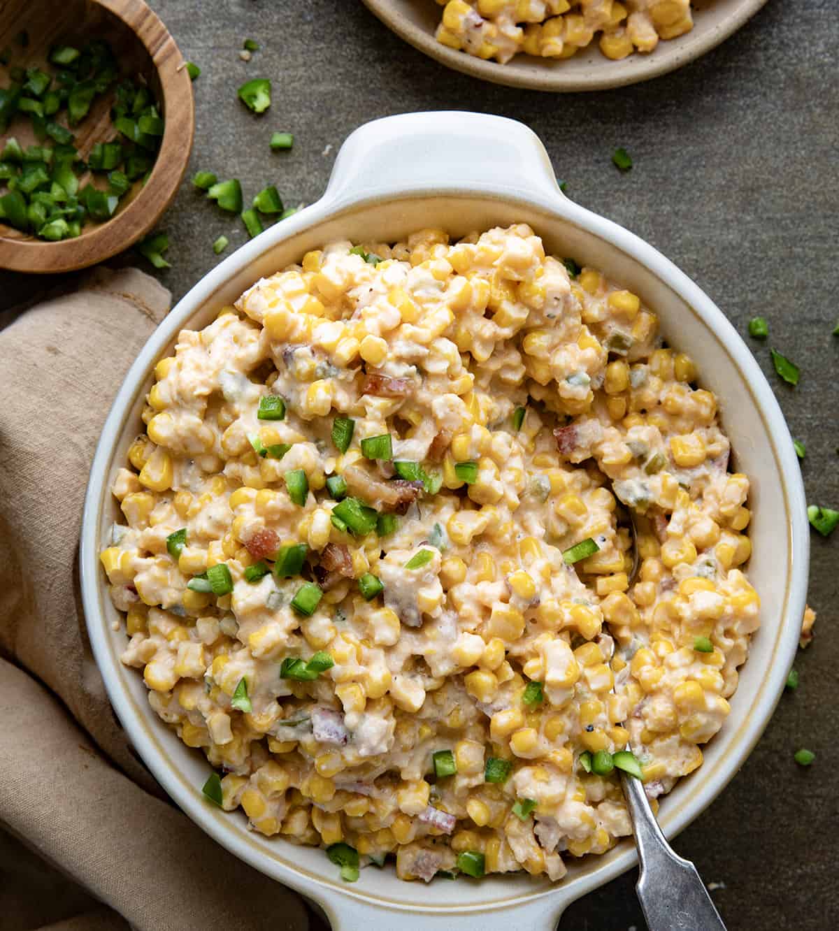 Slow Cooker Jalapeno Popper Creamed Corn in a bowl from overhead.