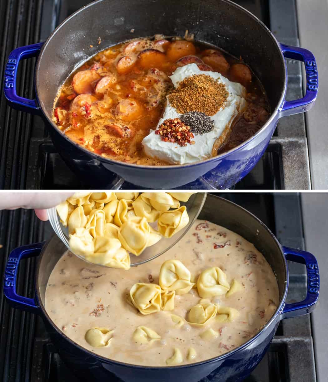Steps for Making Kielbasa Tortellini Soup in a pot over heat.