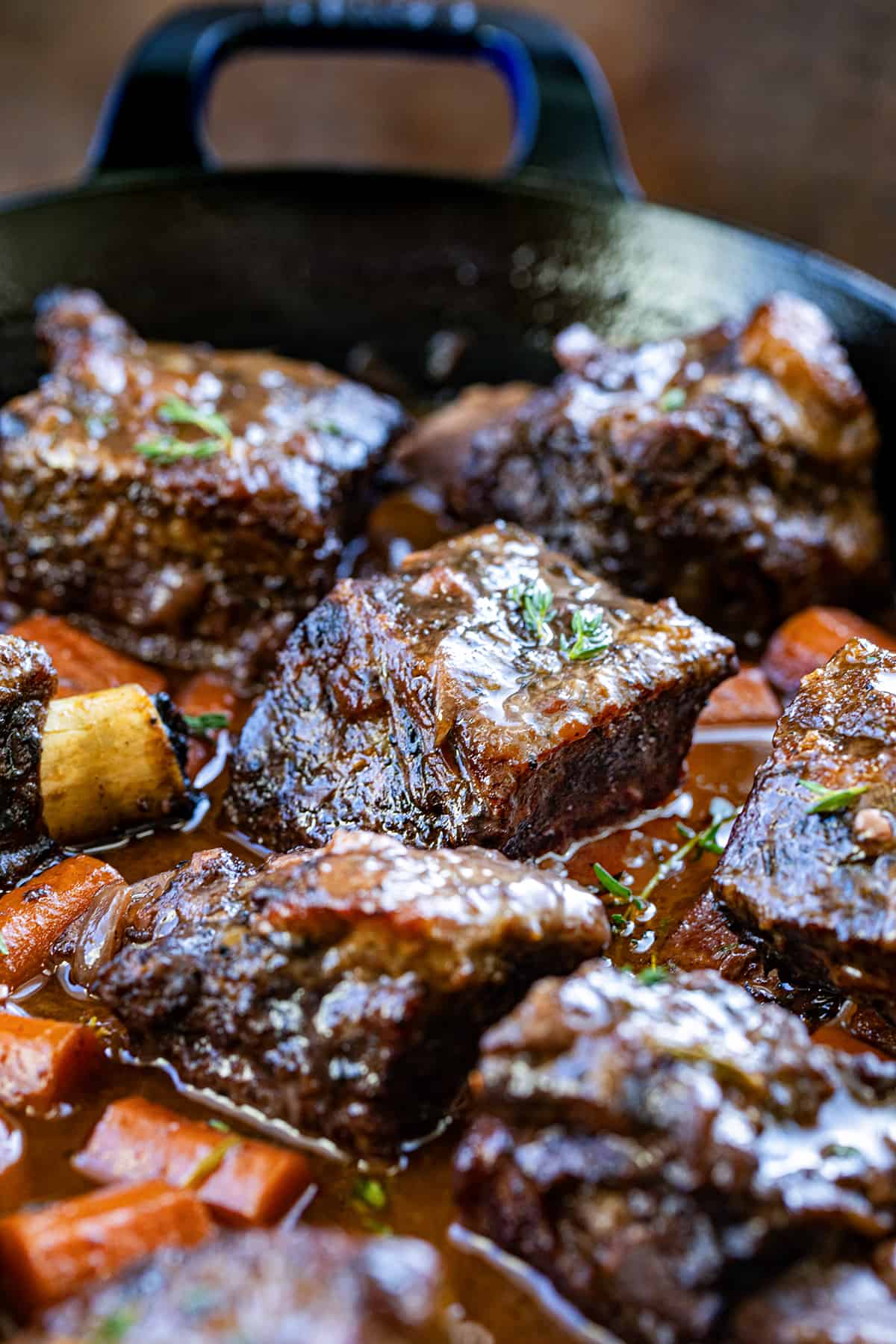 Close up of Wine Braised Short Ribs in a pan.