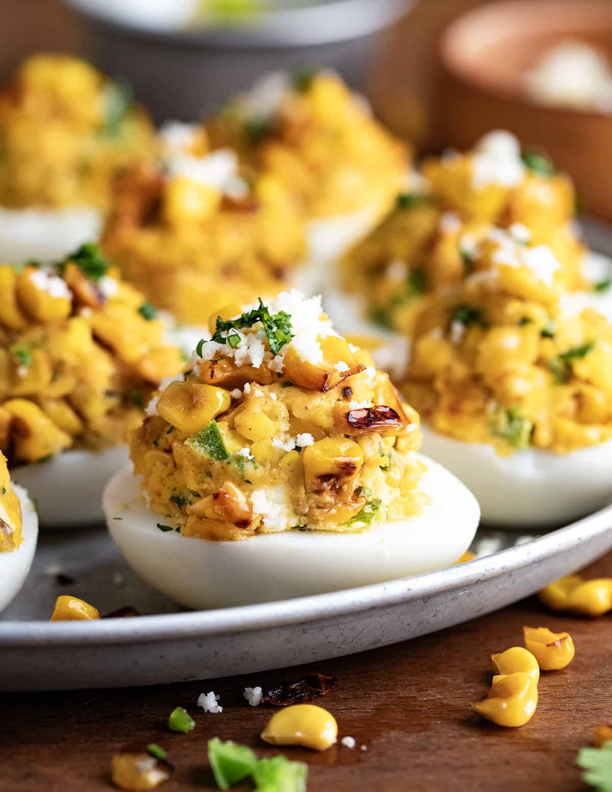 Close up of Street Corn Deviled Eggs on a plate.
