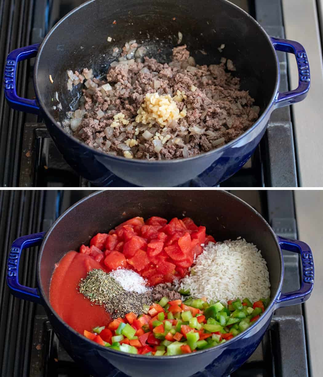 Steps for making Stuffed Pepper Soup in a pot over heat.