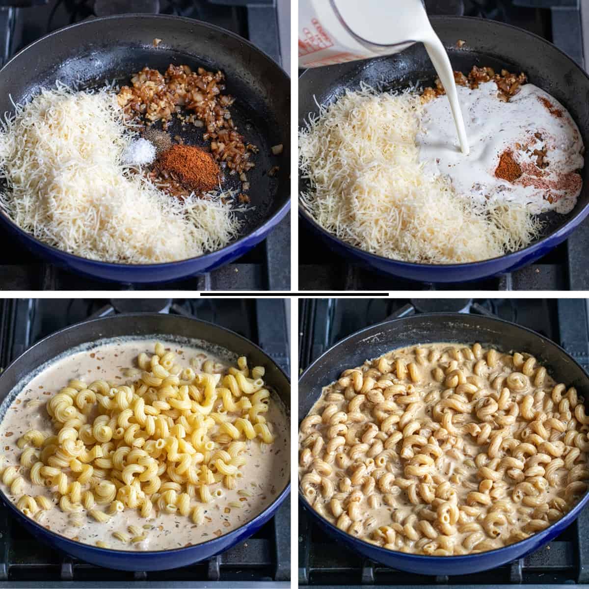 Steps for making a blackened alfredo sauce in a skillet over heat.