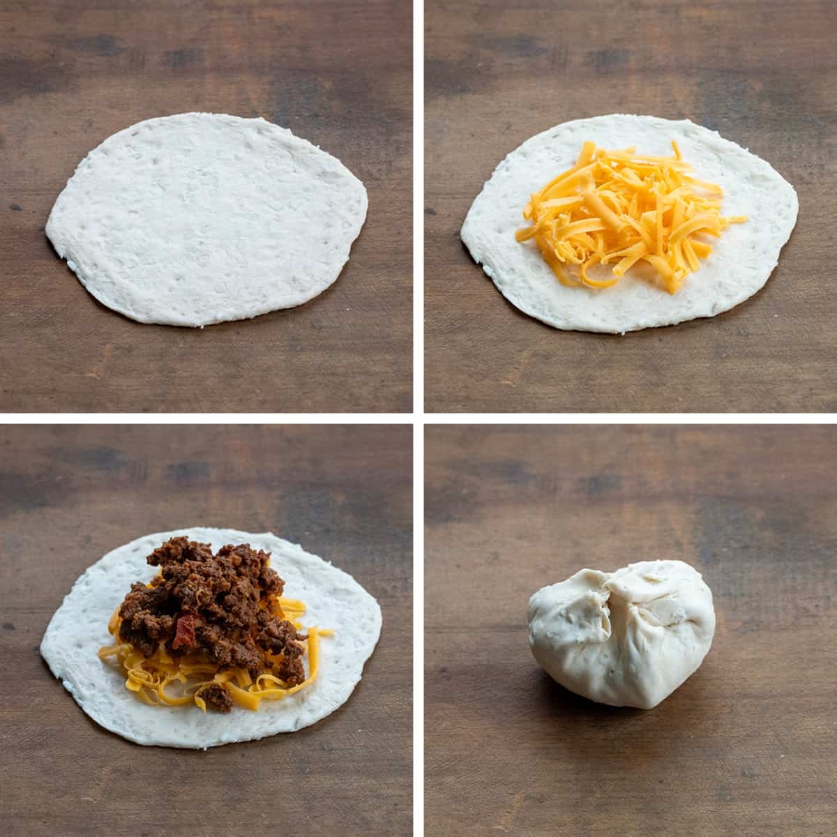 Steps for assembling a Cheesy Taco Bomb.