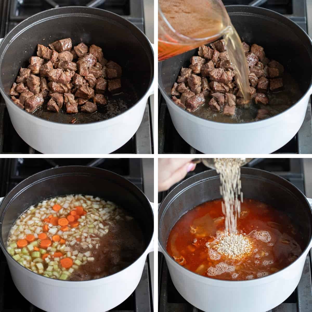 Steps for making Beef Barley Soup in a pot on the stove.