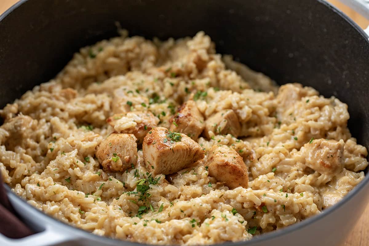 Close up of Cajun Chicken and Rice in a pot.