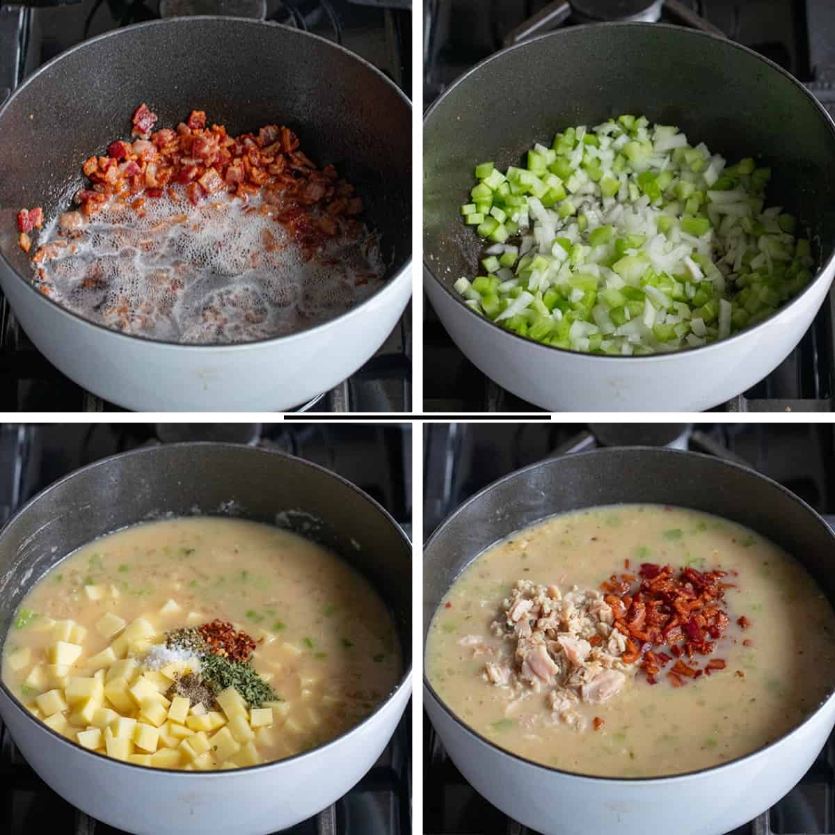 Steps for making New England Clam Chowder in a pot on the stove.