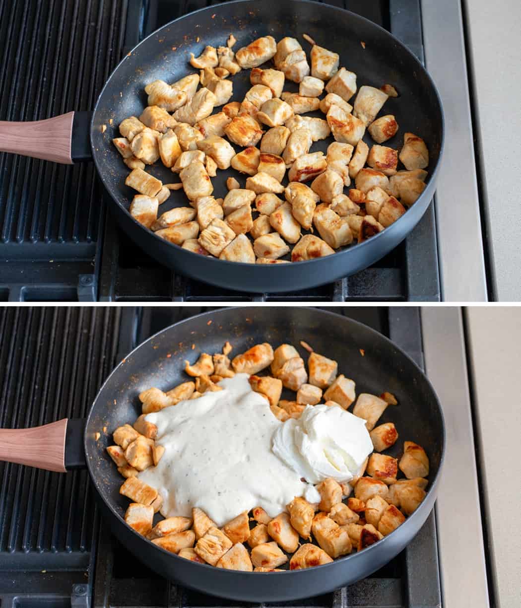 Steps for browning chicken bites in a pan with ingredient added, sour cream and ceasar dressing.