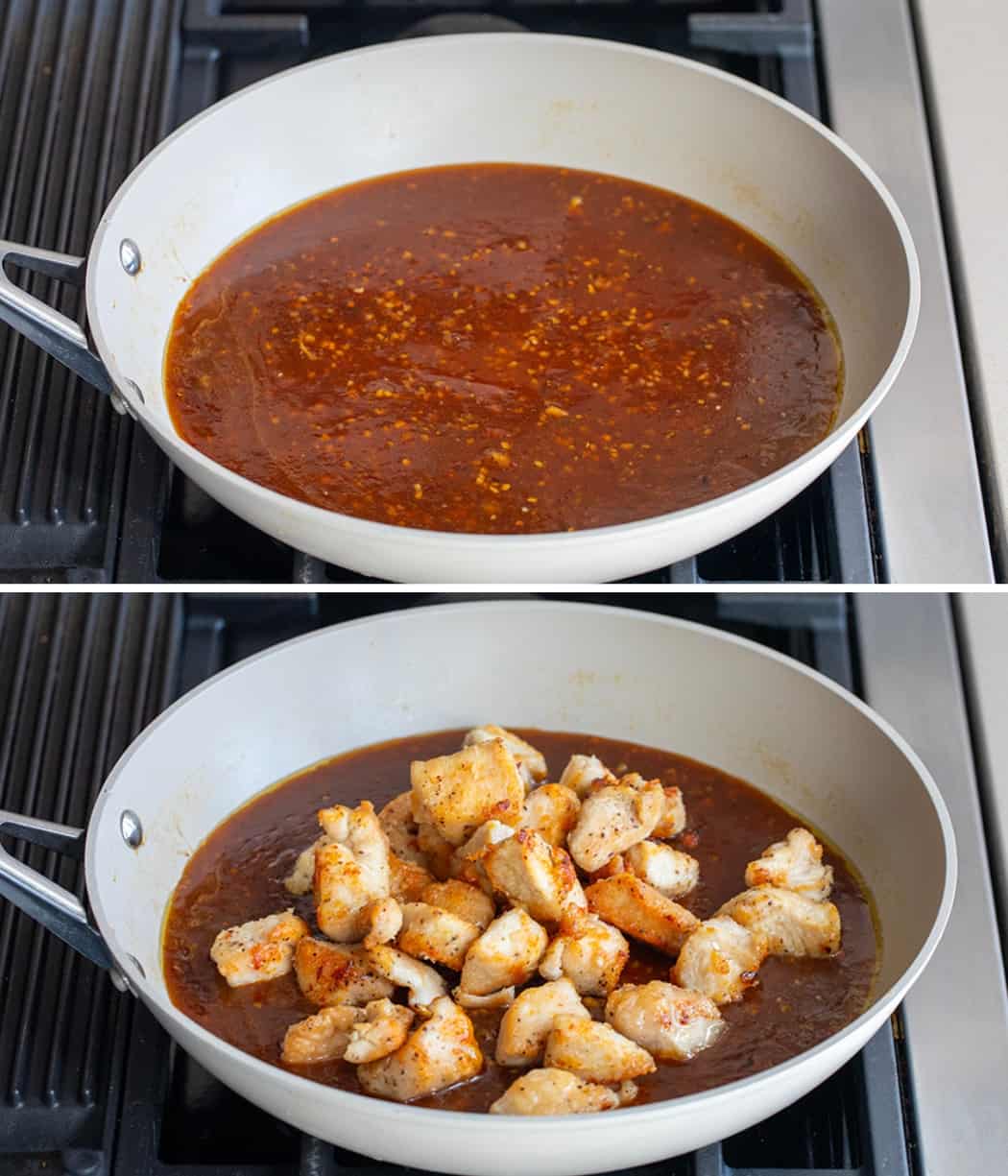 Steps for making Orange Chicken in a pan over heat.