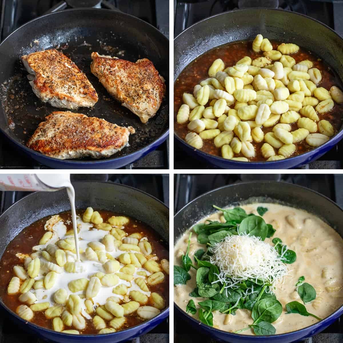 Steps for browning chicken and then creating Lemon Gnocchi sauce in a skillet.