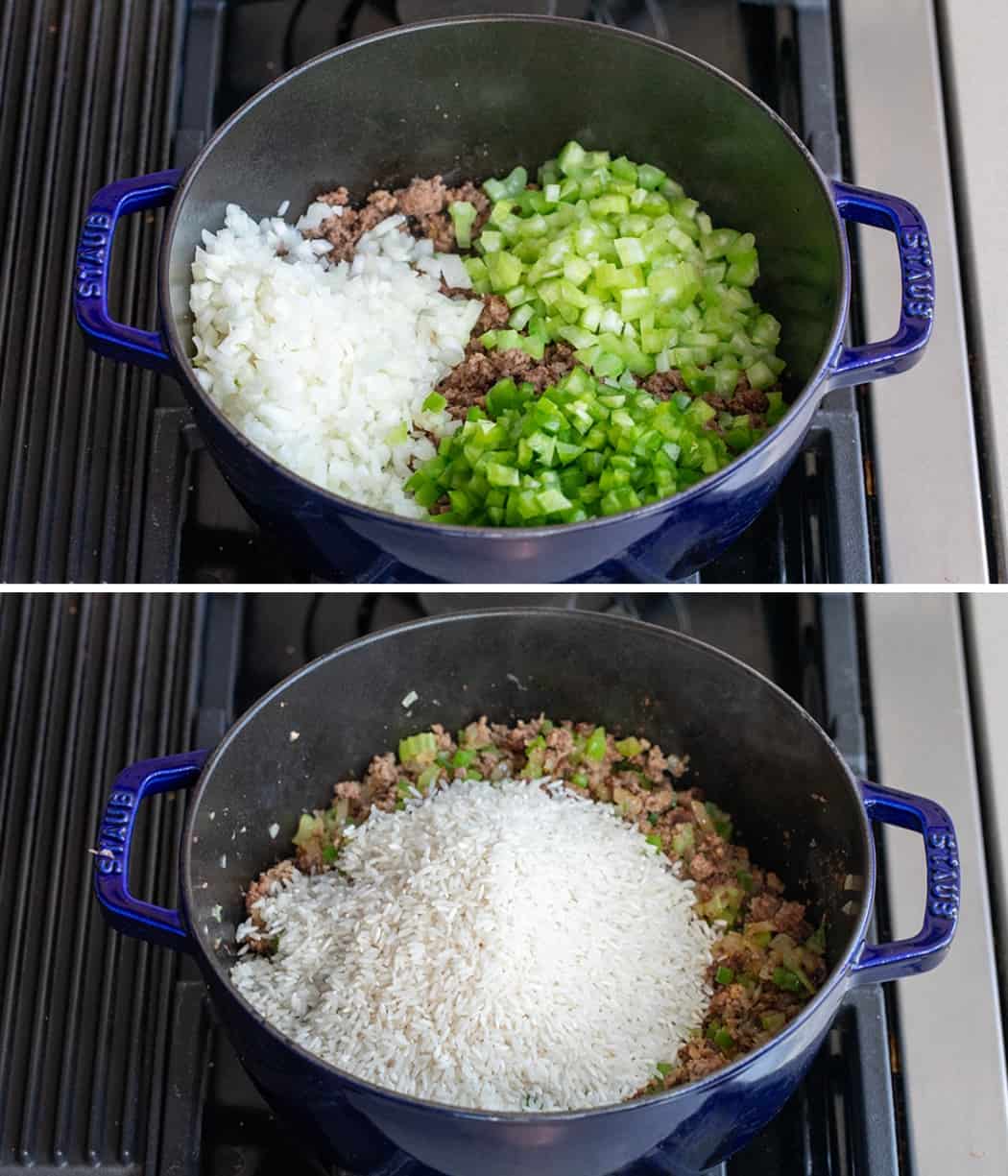 Steps for making Easy Dirty Rice in a pot with the raw ingredients before cooking.