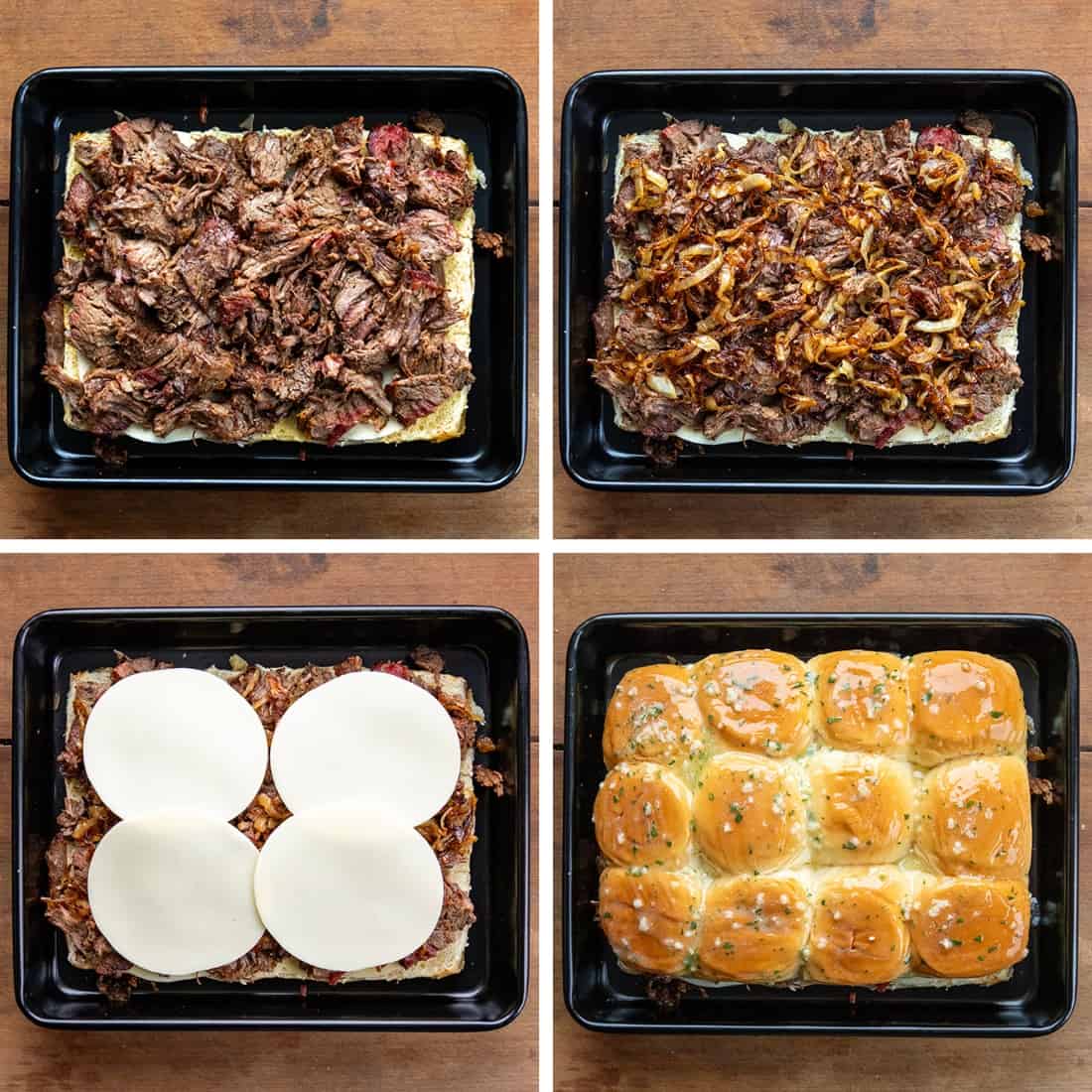 Steps for building a French Dip Slider in a pan.