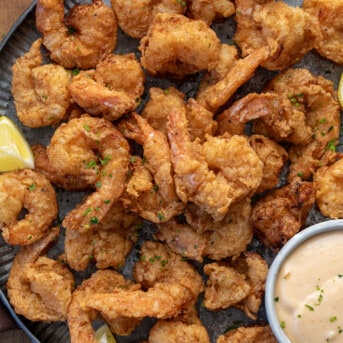 Plate of Fried Shrimp with sauce from overhead.