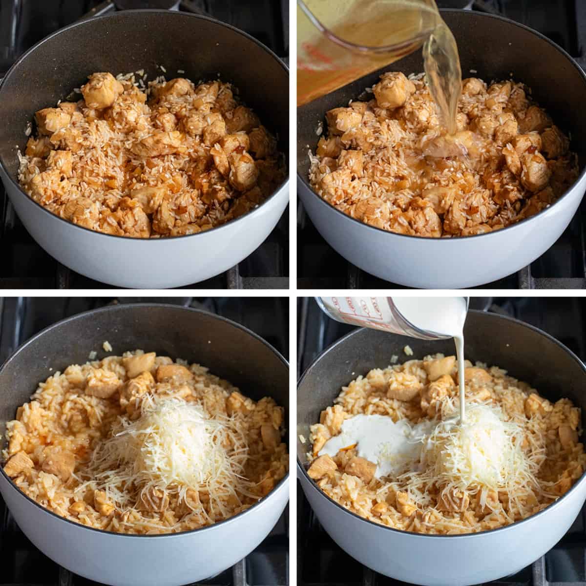 Steps for Making Garlic Parmesan Chicken and Rice in a pot over heat.