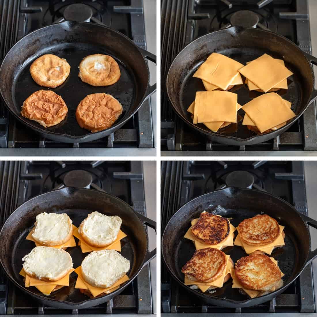 Making a grilled Cheese Bun in a skillet to make Grilled Cheese Burgers.