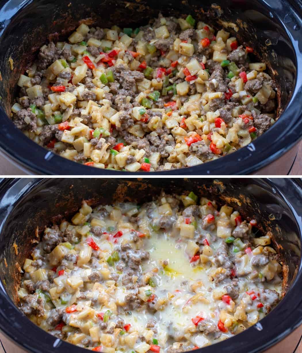 Slow Cooker Philly Cheesesteak Casserole in a slow cooker one with cheese and one without.