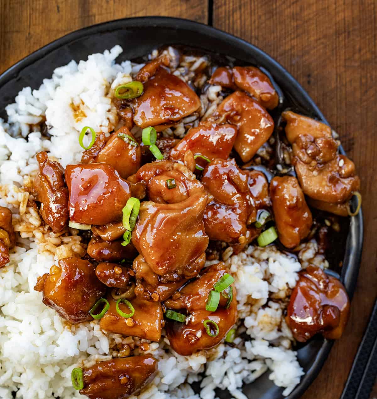 Plate of Bourbon Chicken on rice.