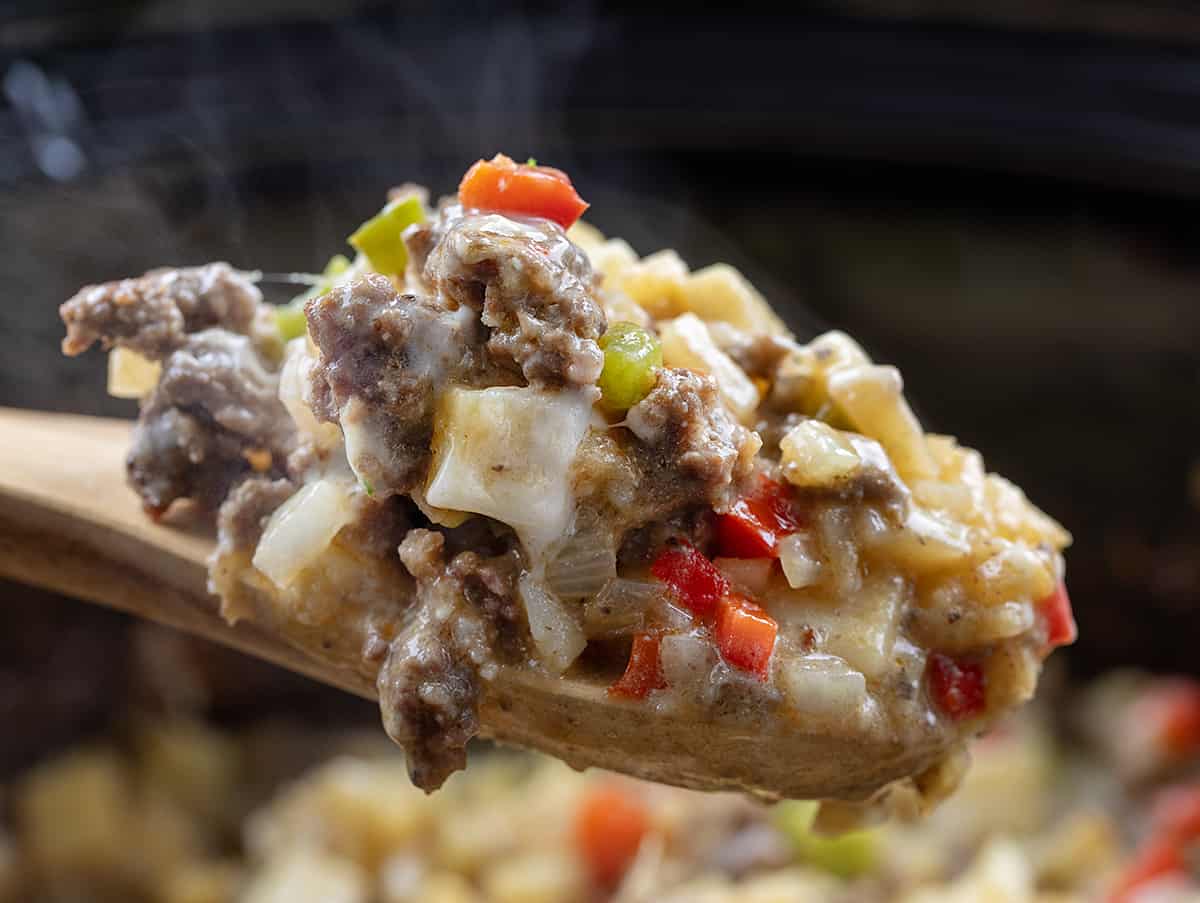 Spoonful of Slow Cooker Philly Cheesesteak Casserole.