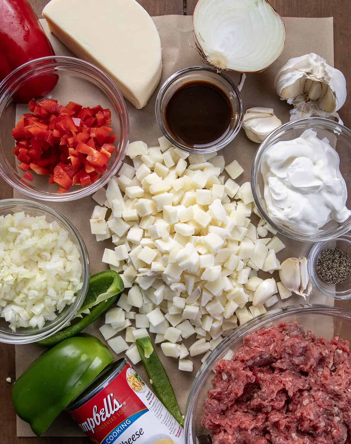 Raw ingredients needed to make Slow Cooker Philly Cheesesteak Casserole.