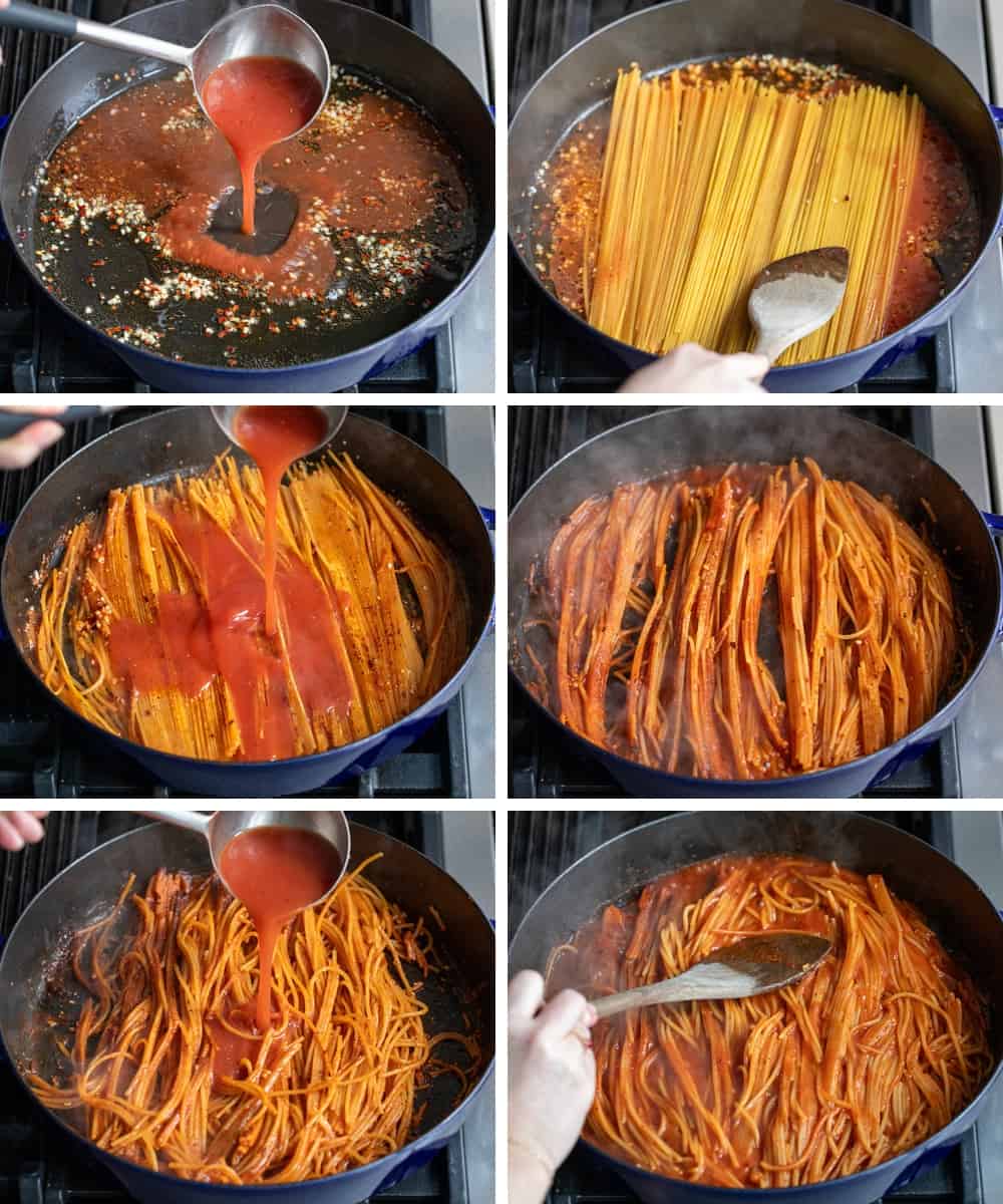 Steps for making Assassin Spaghetti in a skillet with noodles and sauce.