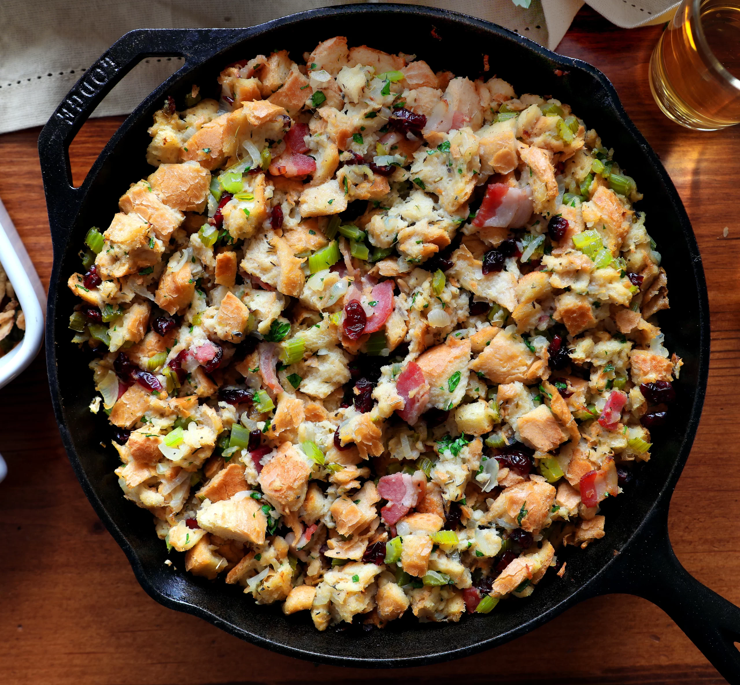 Overhead of skillet filled with world's worst stuffing.
