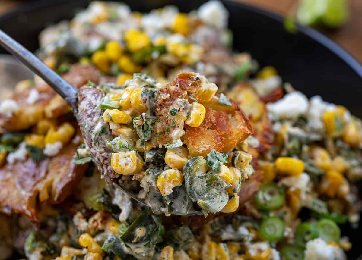 Spoonful of Mexican Street Corn Smashed Potato Salad.