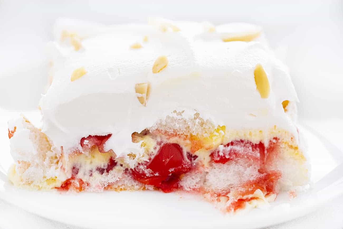 side picture of one piece of cherry vanilla heaven dessert