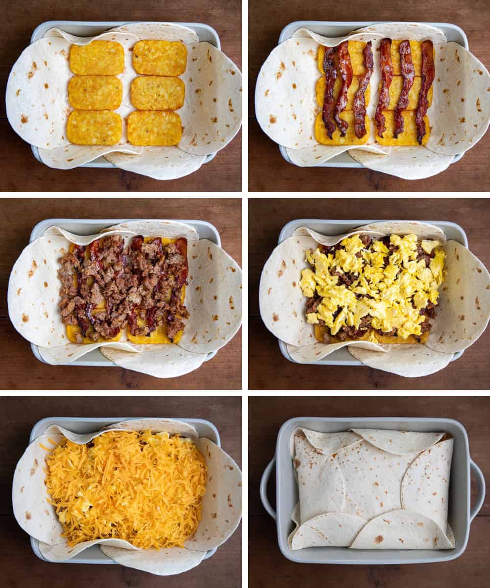 Steps for making a giant breakfast wrap in a 9x13 pan with hash browns, bacon, sausage, eggs, cheese, and then folding over flour tortillas on a wooden table from overhead.