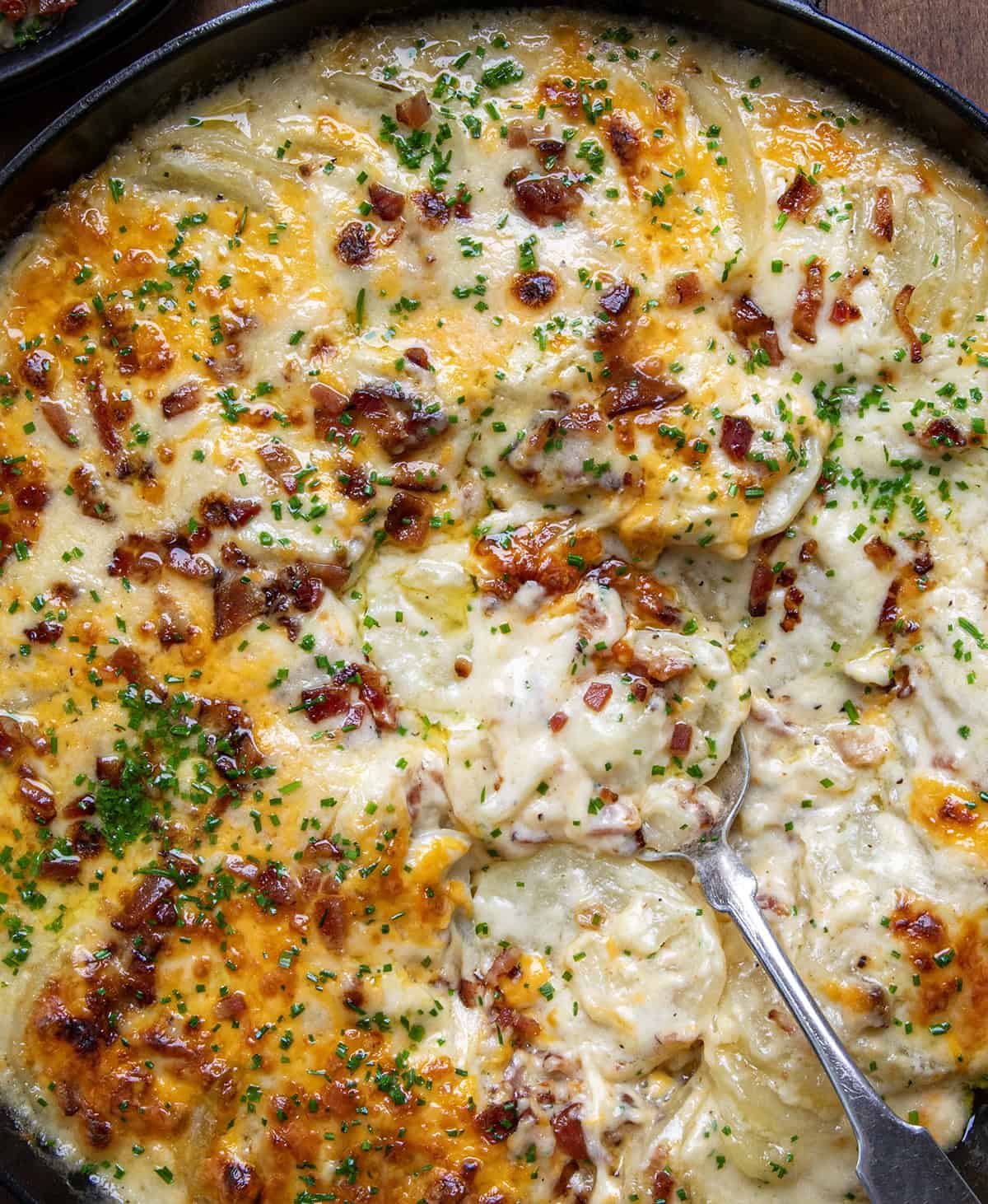 Close up of a skillet of Loaded Scalloped Potatoes with a spoon.