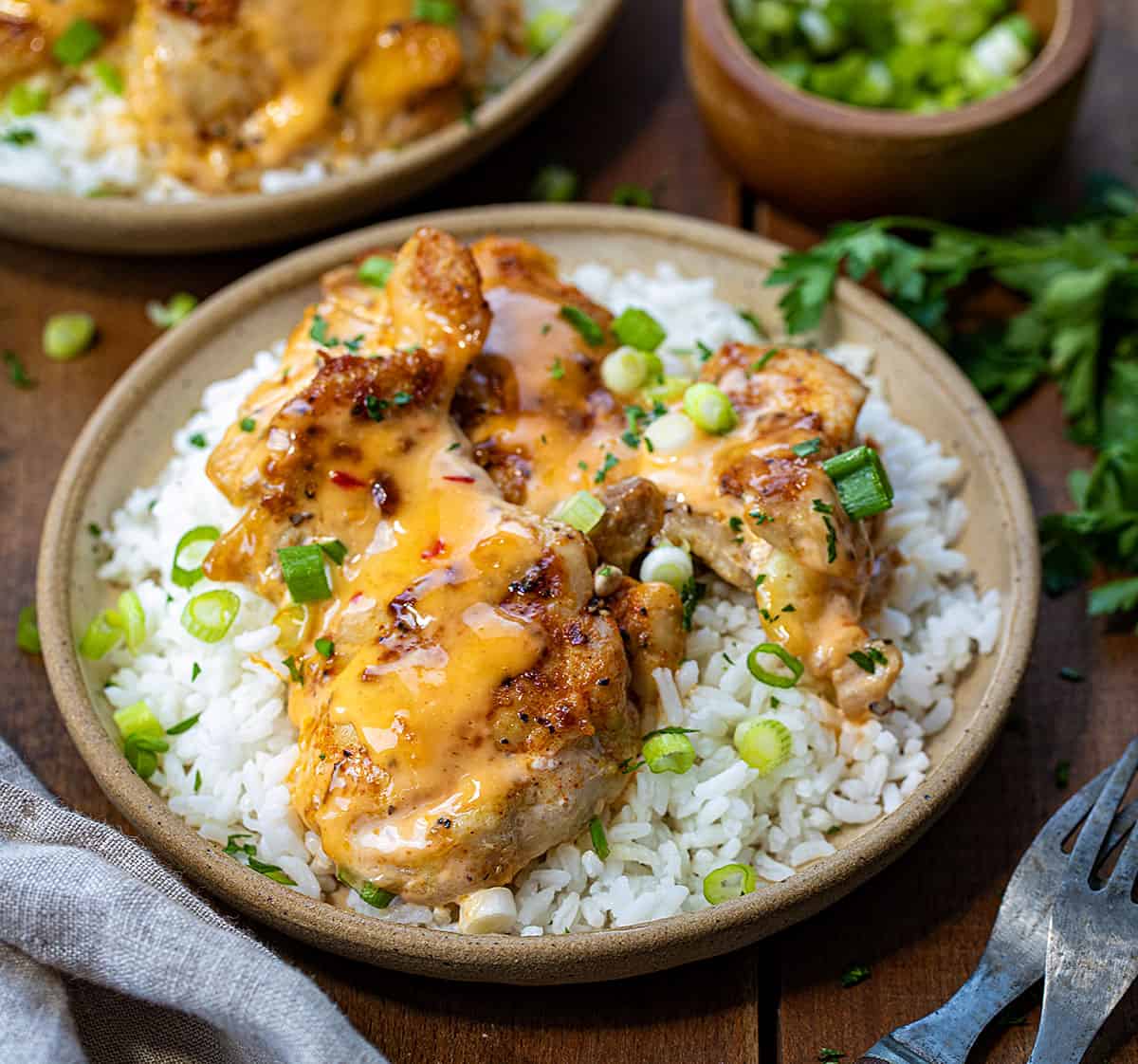 Plates with Bang Bang Chicken Thighs on them on a bed of rice.