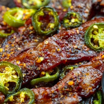 Close up of spicy candied bacon with jalapeno.