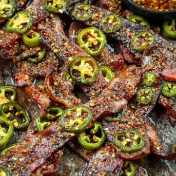 Close up of spicy candied bacon with jalapeno.