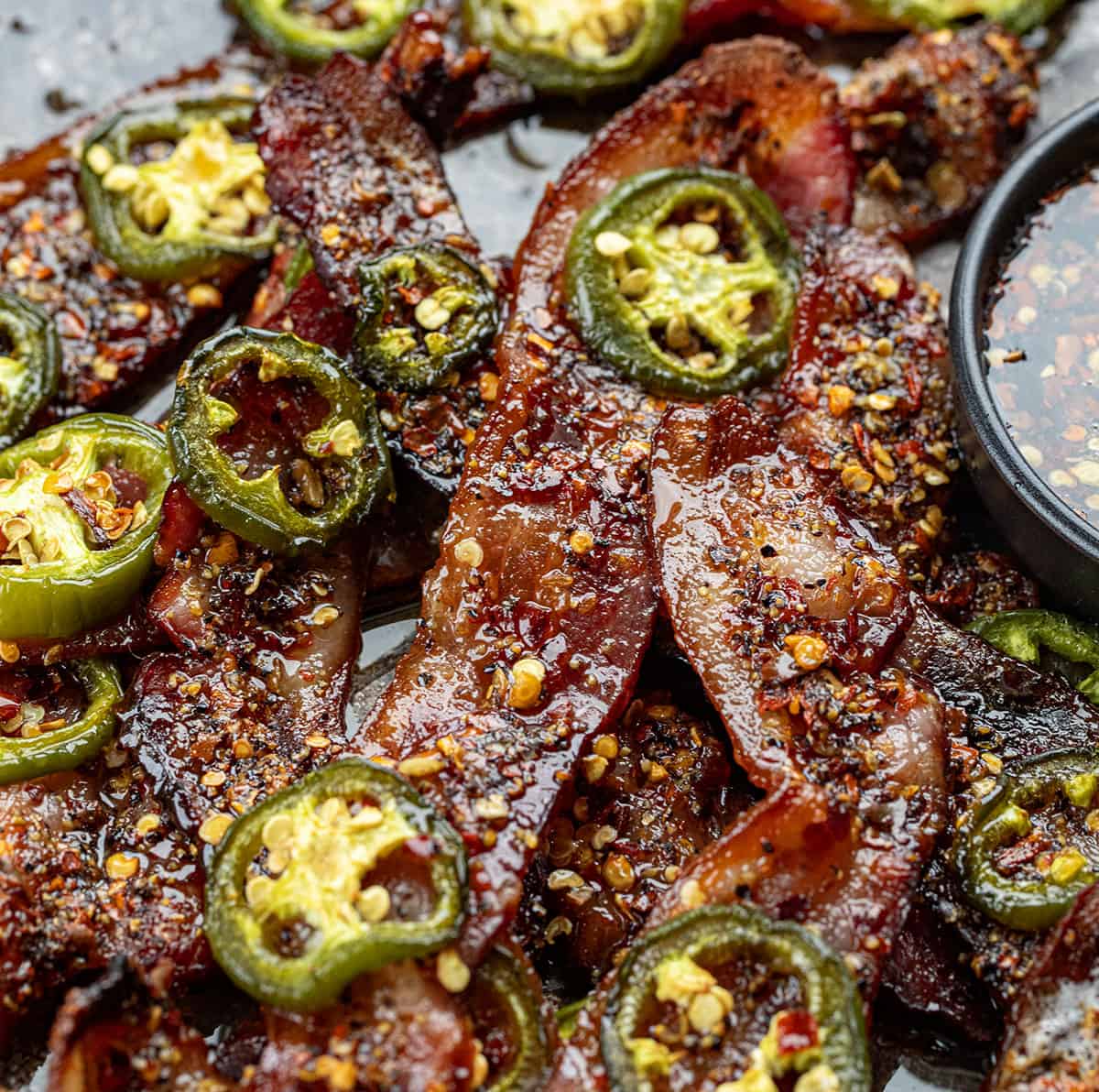 Close up of spicy candied bacon with jalapeno. 