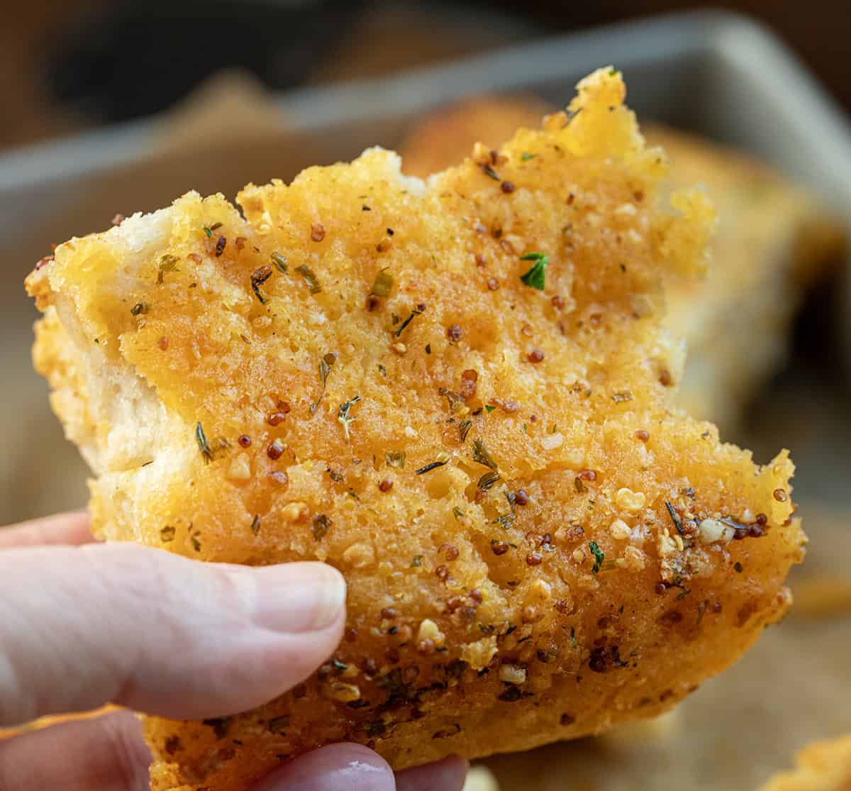 Bottom of a Cowboy Butter Swim Biscuit showing the texture and seasonings.