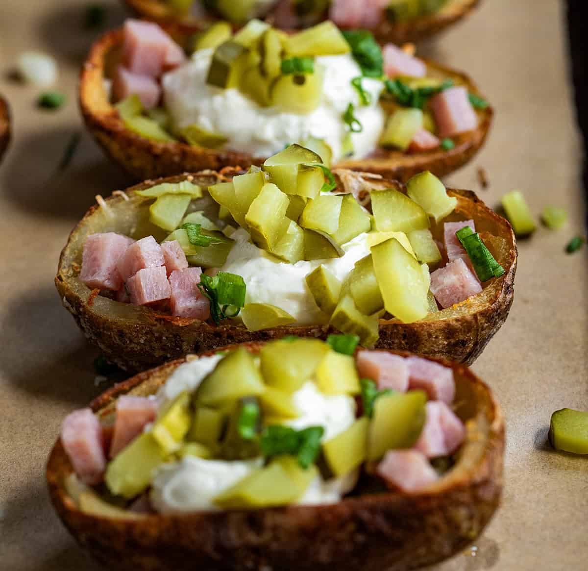 Close up of Ham and Pickle Potato Skins.