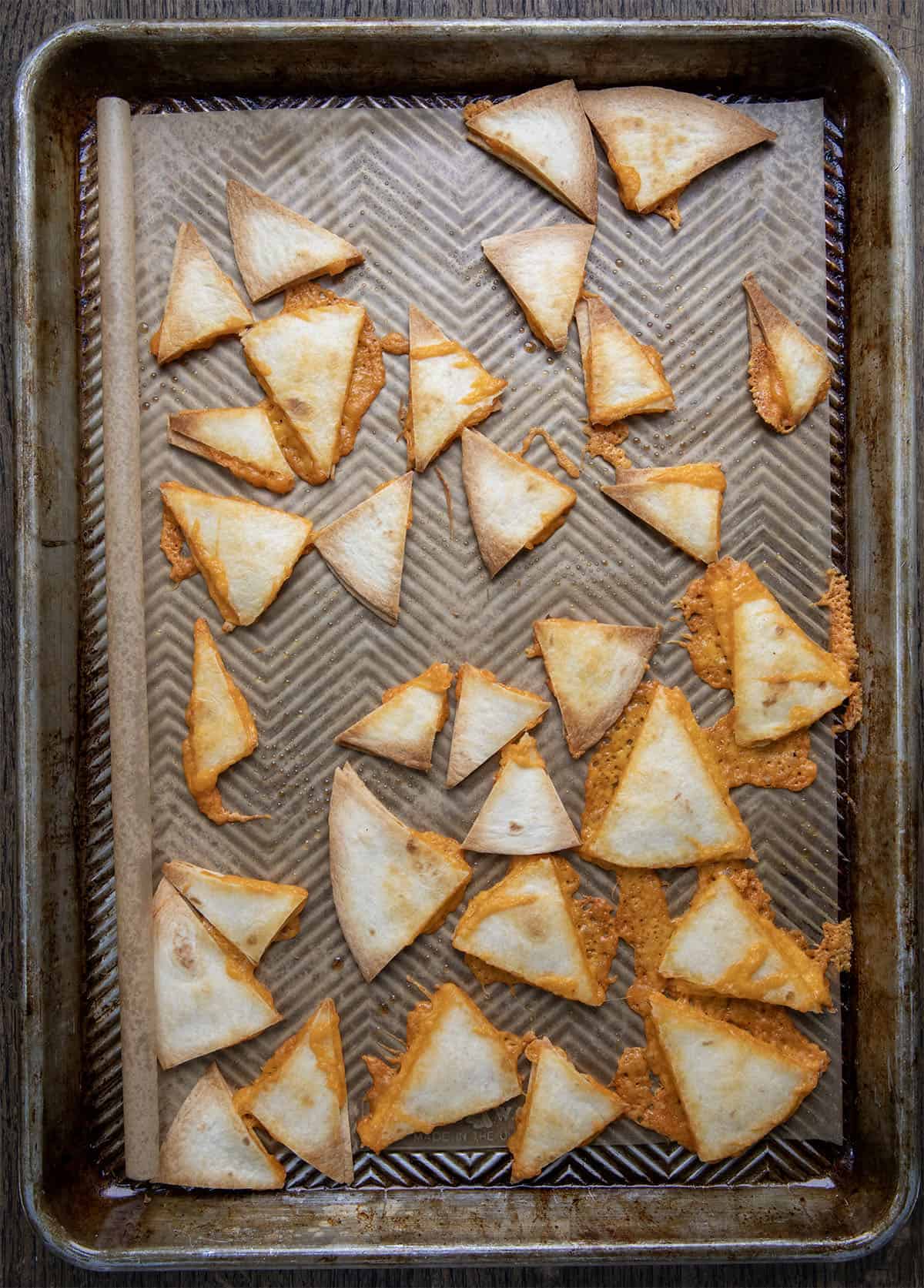 Quesadilla Nachos on a pan after baking.