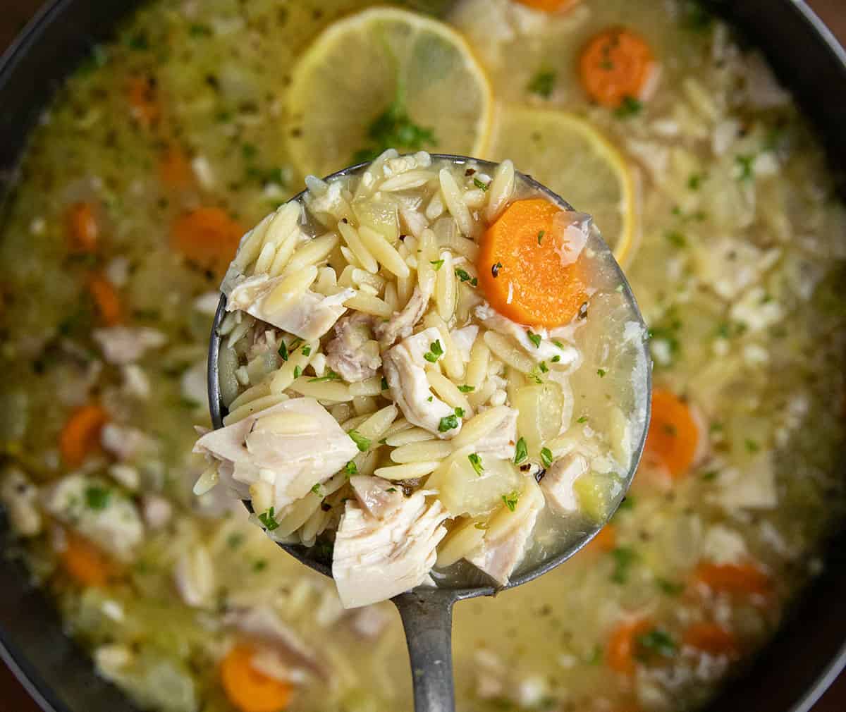 Ladle full of Lemon Chicken Orzo Soup held just above the pot.