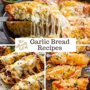 Focaccia Cheesy Garlic Bread, Sloppy Joe Garlic Bread, and Buffalo Chicken Bread featured in this image showcasing garlic bread recipes.