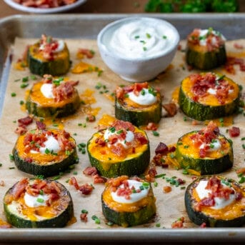 Sheet pan full of Loaded Zucchini Bites.