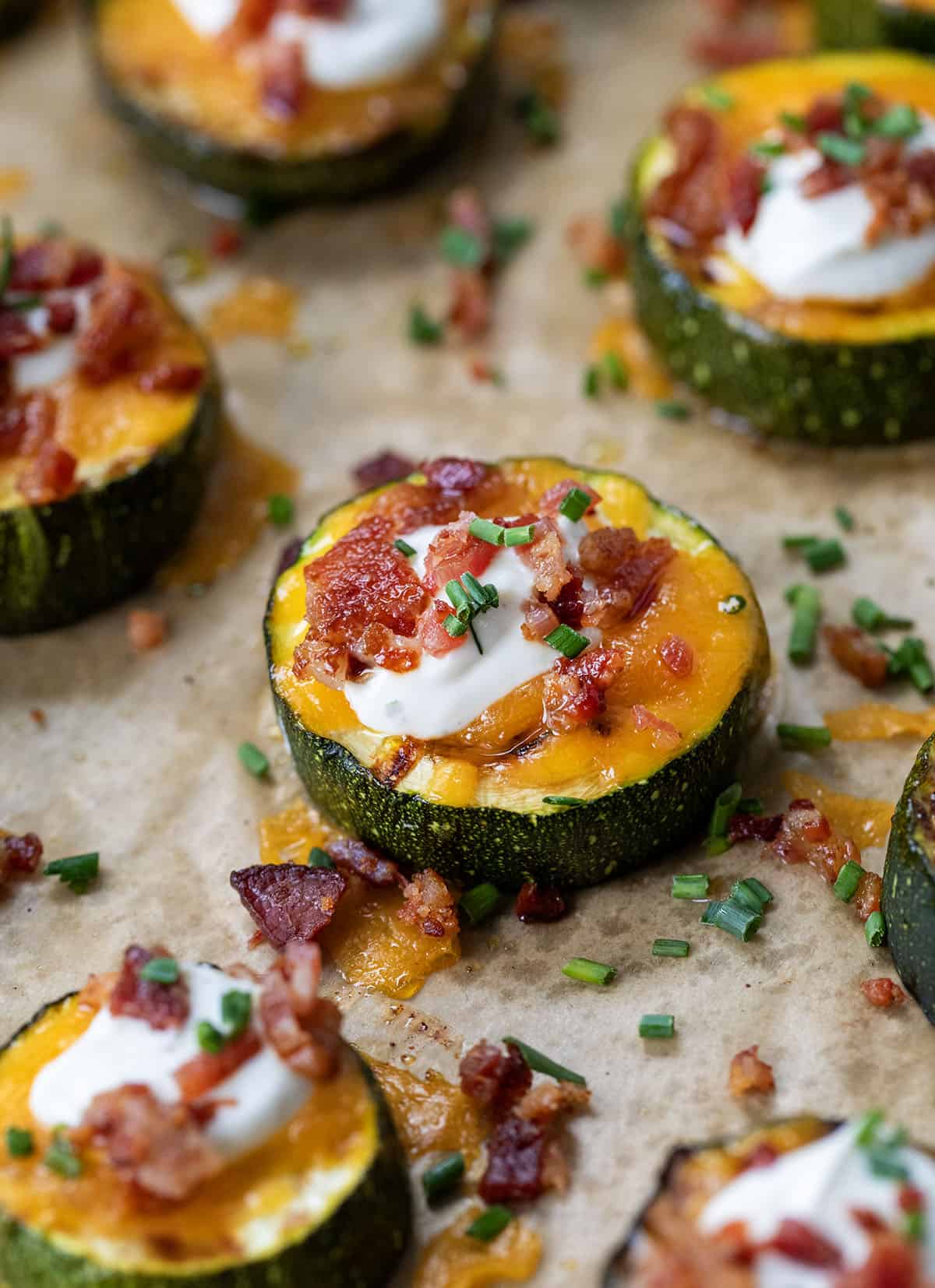 Close up of Loaded Zucchini Bites.