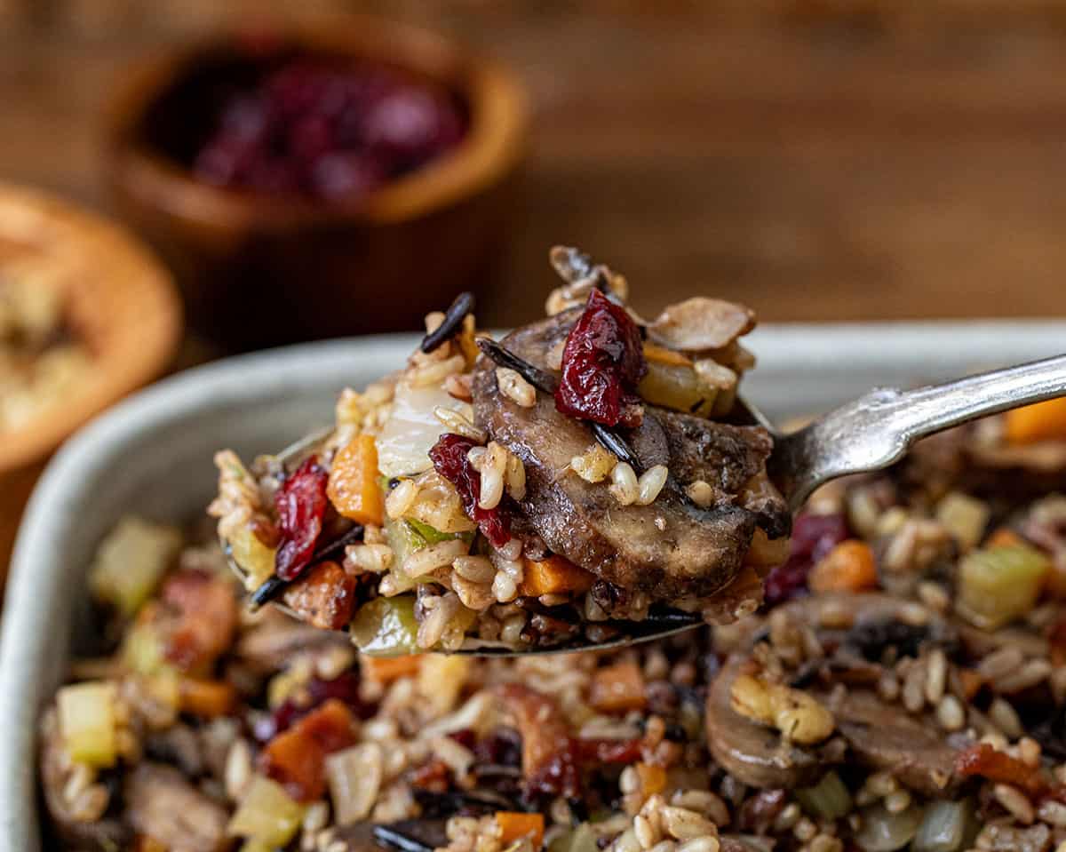 Spoonful of Wild Rice Stuffing very close up.