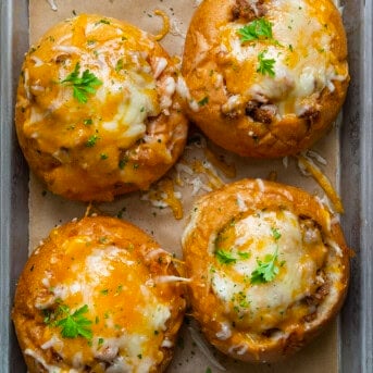 Bread Bowl Sloppy Joes on a tray from overhead.