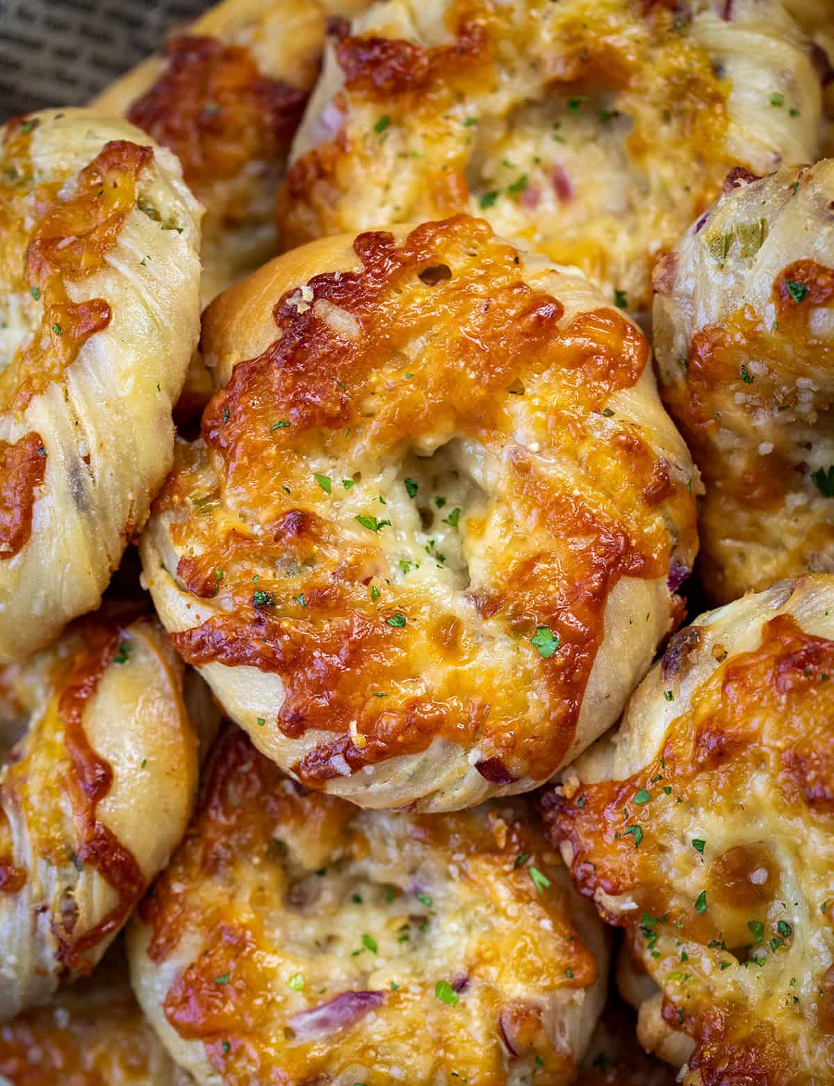 Close up of Cheesy Bacon Jalapeno Twists With Garlic Butter.