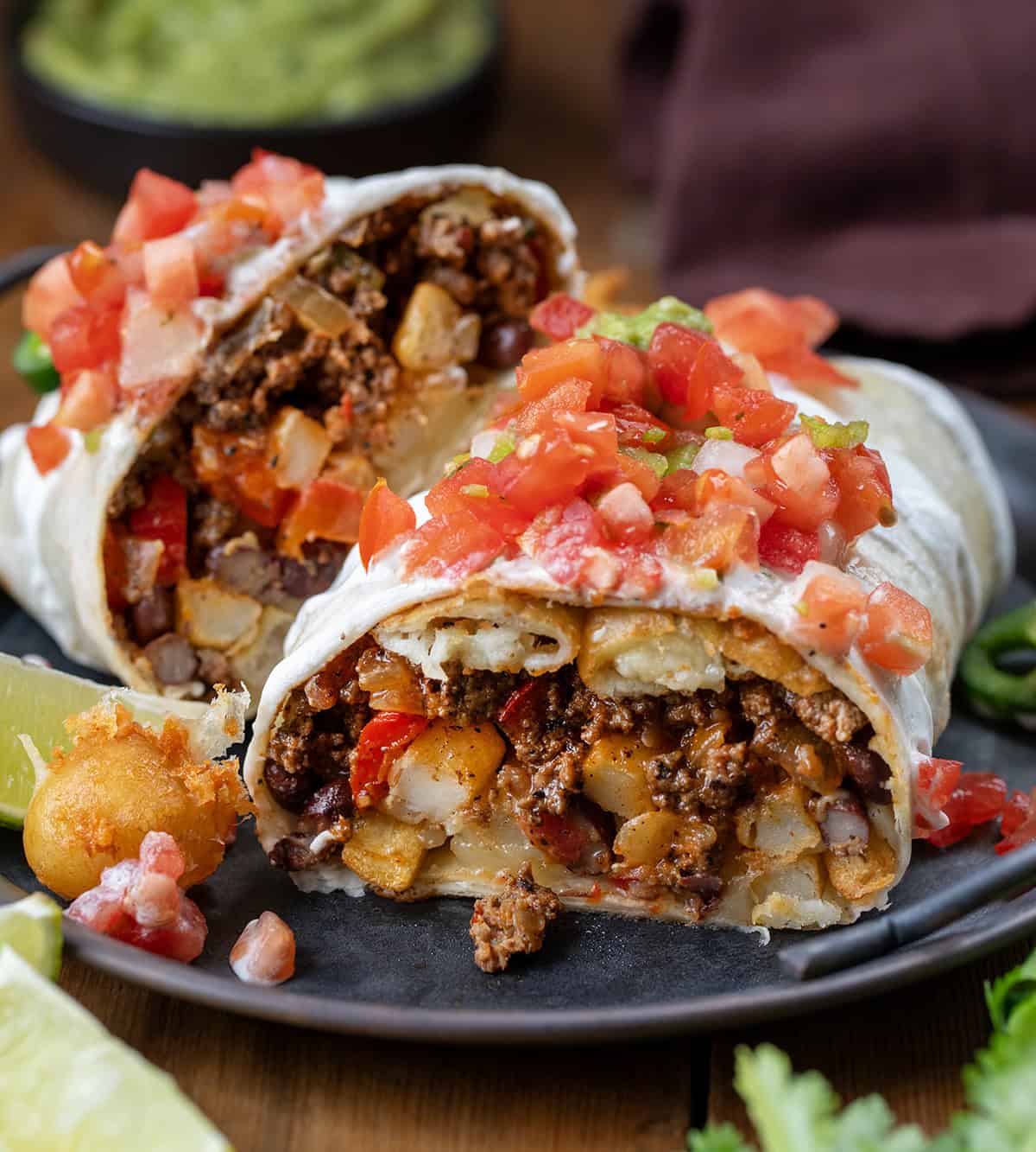 Cut into Cowboy Burrito showing inside ingredients.