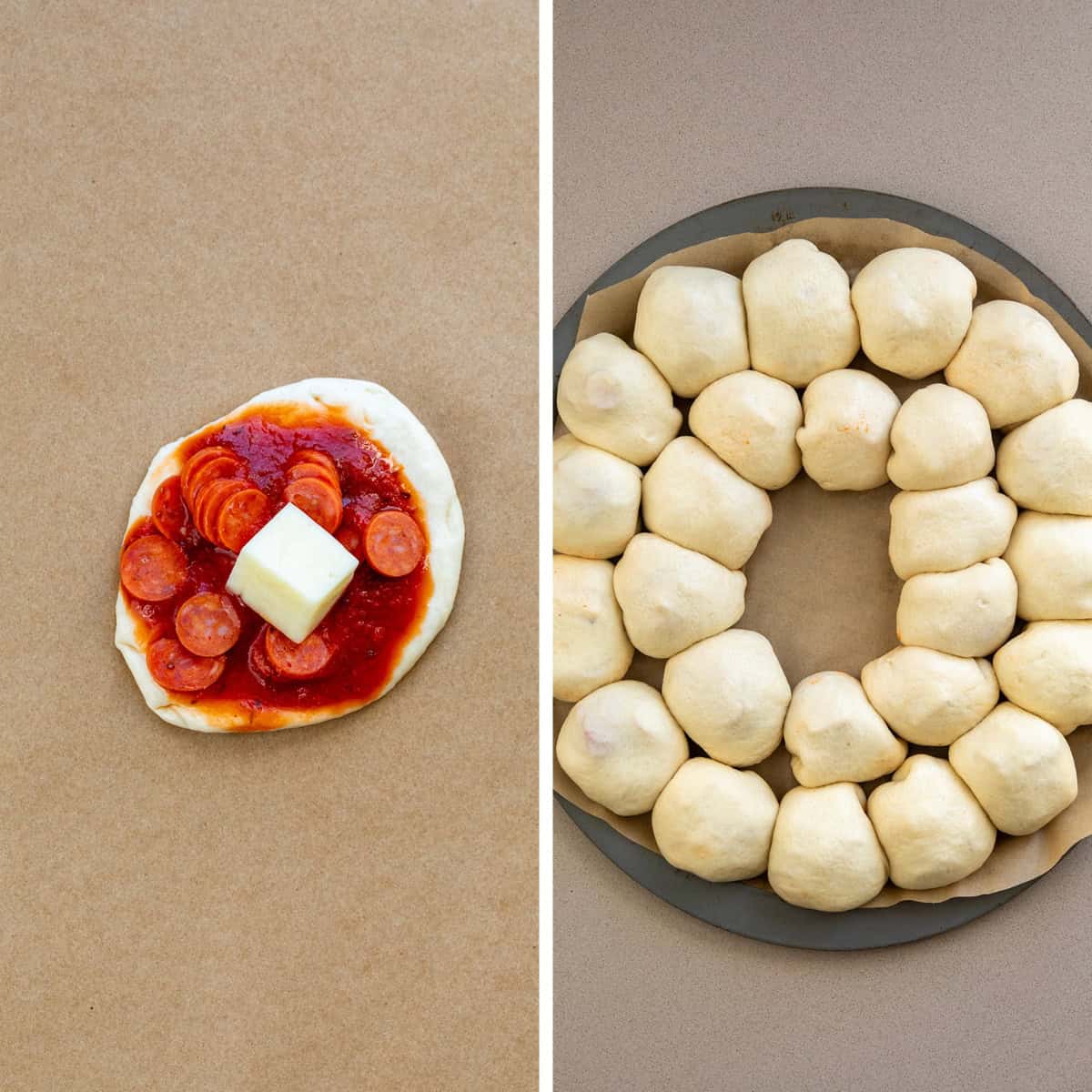 Steps for making an individual pizza bomb and then assembling into wreath shape.