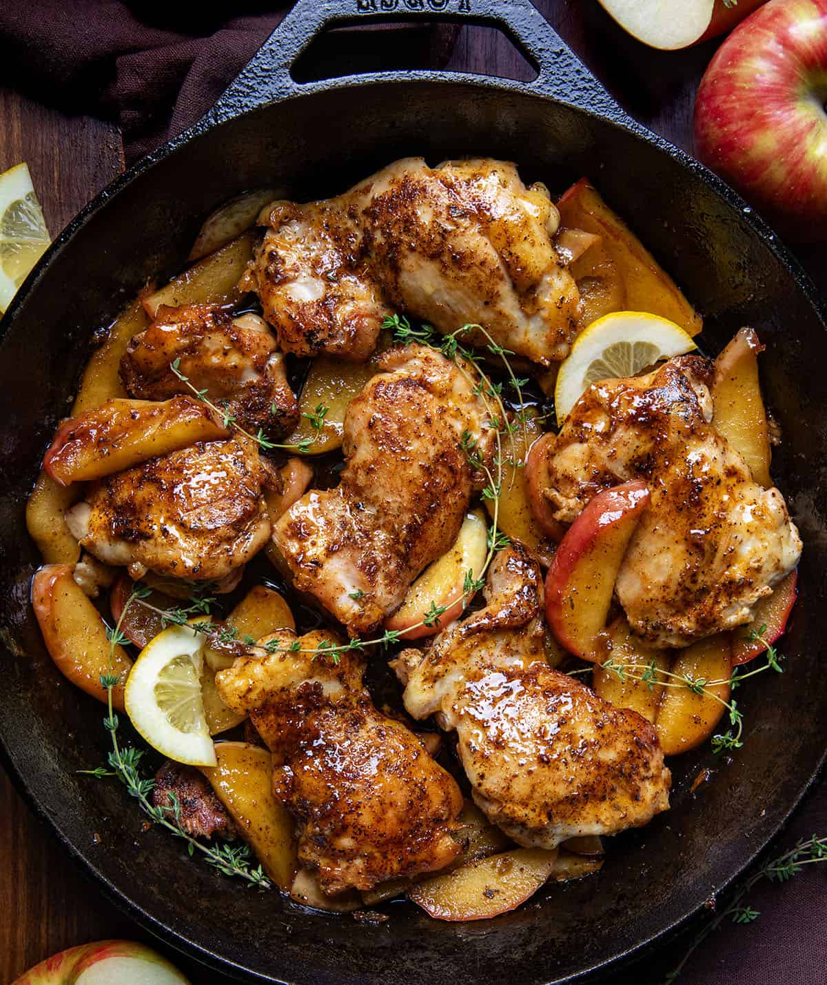 Skillet of Apple Chicken with apples, thyme, and lemon. 