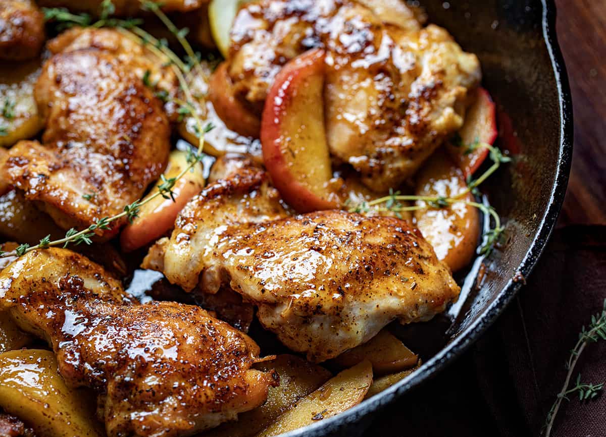 Close up of Apple Chicken in a skillet.