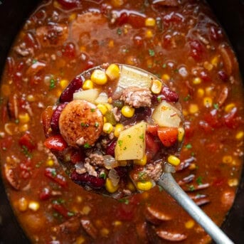 Ladle full of Slow Cooker Cowboy Soup.