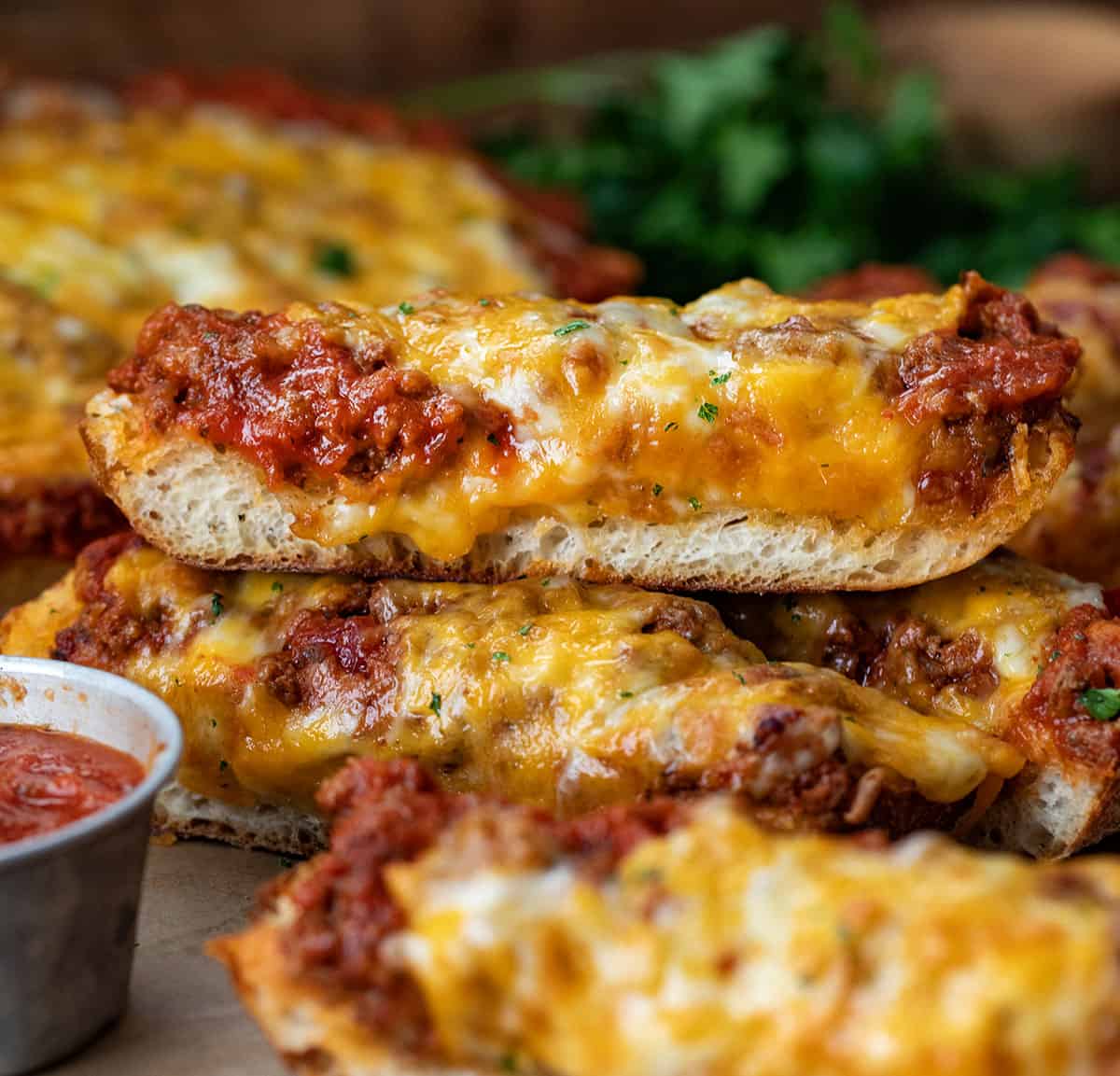 Close up of slices of Lasagna Garlic Bread.