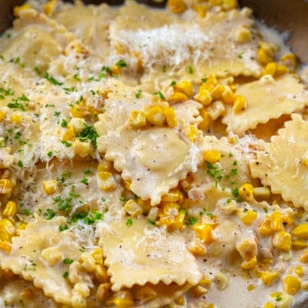 Close up of Sweet Corn Ravioli in a skillet.