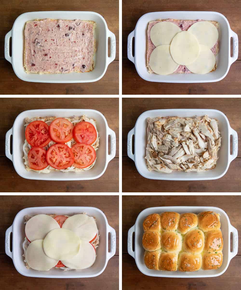 Steps for building Turkey Melt Sliders in a pan.